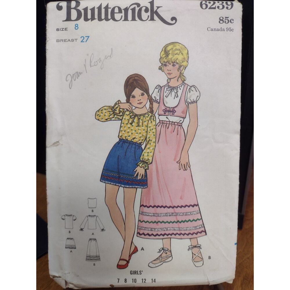 Vintage Butterick Pattern 6239 Girls' Blouse, Skirt & Vest Size 8 (1960s or 70s)